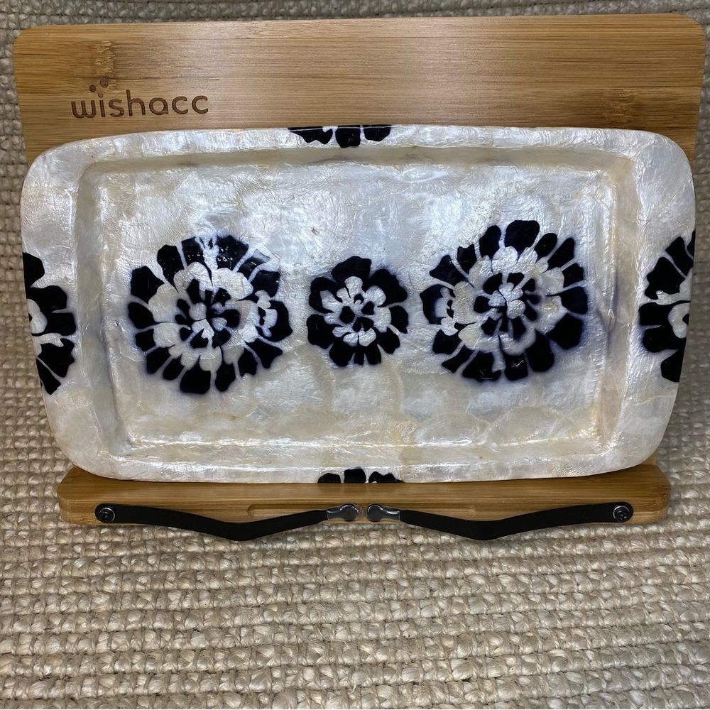 Vintage Capiz Shell Floral Serving Tray Black White Rectangle 6x11
